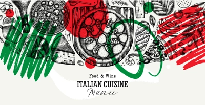  Italian cuisine vector background. Hand drawn pizza, pasta and risotto banner in collage style. Mediterranean food ingredient border - cheese, olives, canape, tinned fish. Trendy menu design template